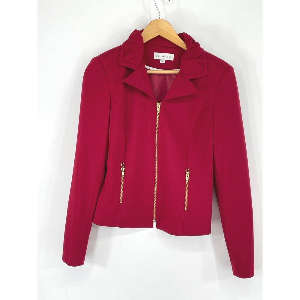 Kate & Rosy Womens Jacket Small Blazer Red Ruffle Collar Zip Up Gold